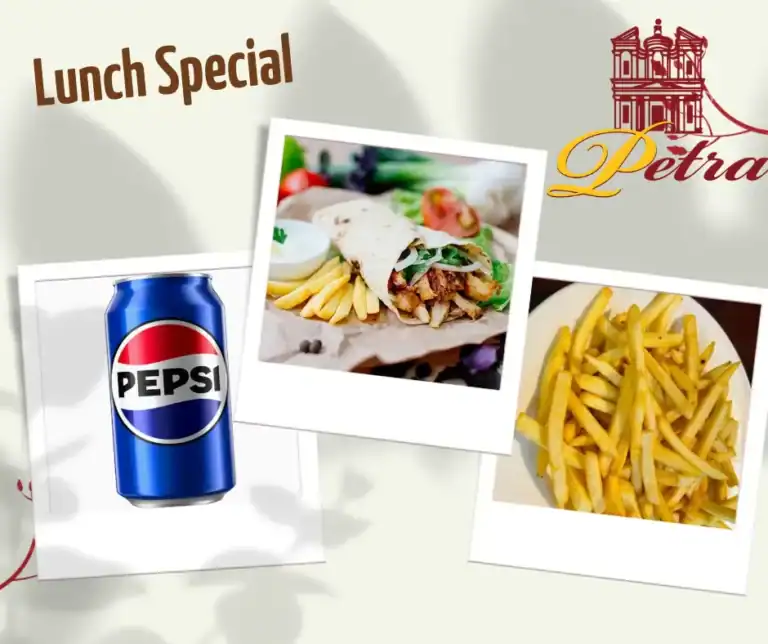 Shawarma lunch special with fries and Pepsi at Petra Mediterranean Restaurant Tampa