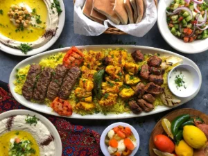 Grilled Family Boat platter with kebabs, rice and hummus at Petra in Tampa