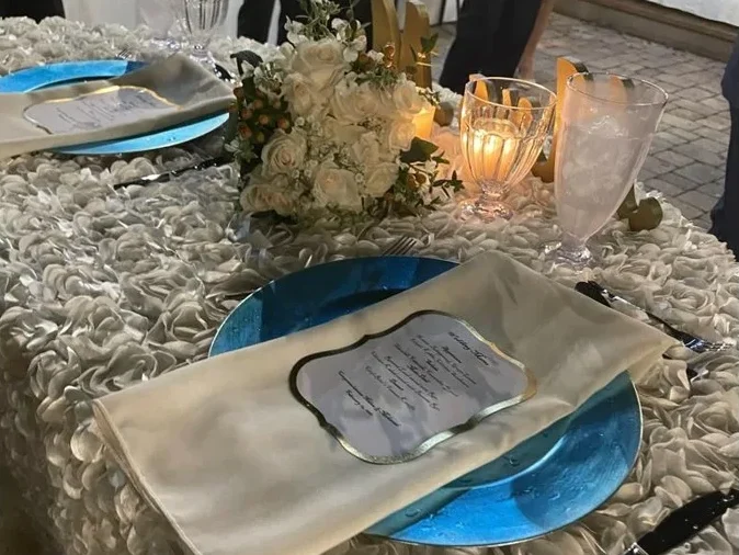 Bride and groom wedding table setup at Petra Mediterranean Restaurant Kennedy Blvd Tampa FL